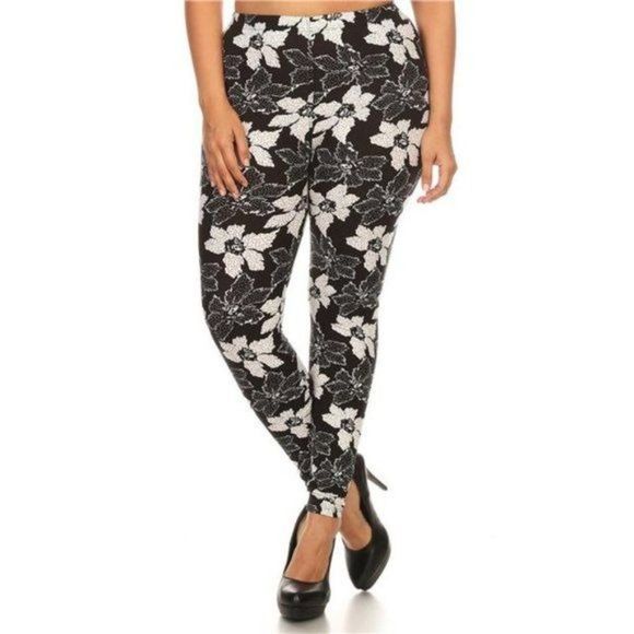 Curvy Plus Black and White Floral Pattern Leggings - Picture 2 of 4